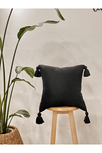 Hestia Home Kırlent Kılıfı Yastık Kılıfı Püsküllü Keten Siyah 50x30 Cm
