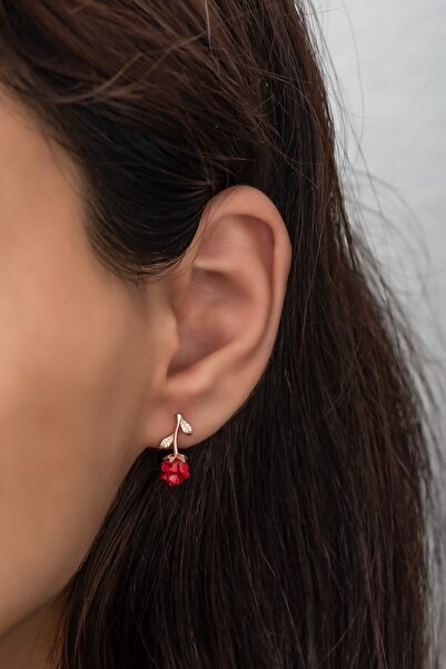 Nereze Gümüş Rose Kırmızı Gül Küpe 925 Ayar