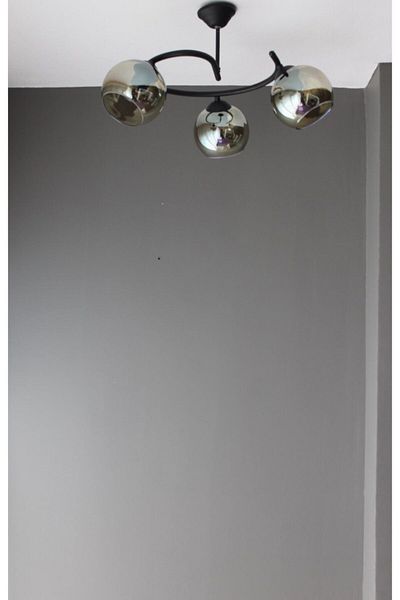 Fer Avize Mobile Black Color Body Smoked Glass Living Room - Kitchen - Bedroom 3-Piece Chandelier