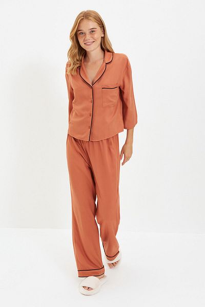 Trendyol Collection Cinnamon Ribbed Viscose Woven Pajamas Set Thmaw21Pt0292
