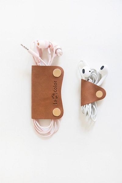 Le Color Cable Headset 2 Piece Holder Organizer Tan Leather