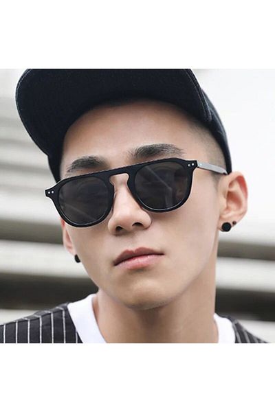 LOOKUP Lookup Men's Two Point Black Frame Black Glass Retro Men's Sunglasses