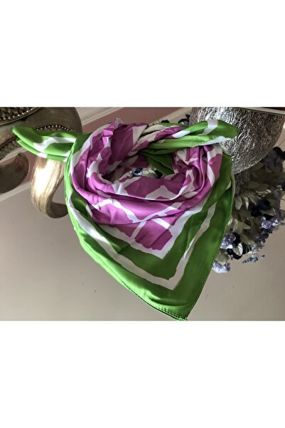 NFS BUTİK وشاح من الساتان الحريري بنمط هندسي باللون الأخضر والوردي والأبيض