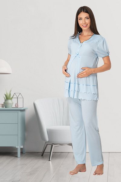lohusahamile Set pijama de maternitate albastru cu umeri din dantela Effortt 8022
