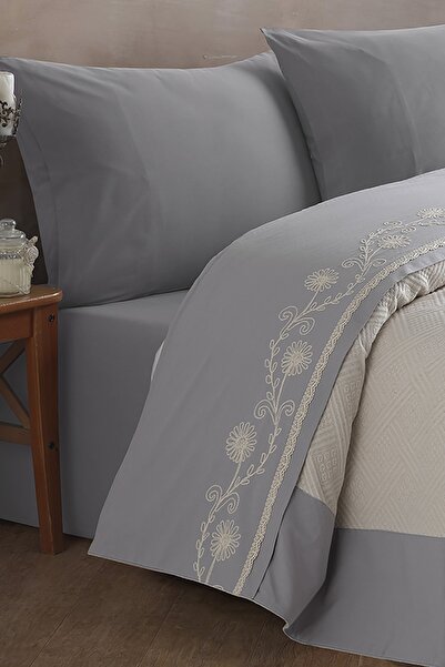 ÖDEL HOME Gri Bordürlü İplik İşlemeli Tek Kişilik Pike