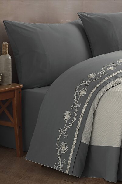 ÖDEL HOME Anthracite Bordered Thread Embroidered Single Pique