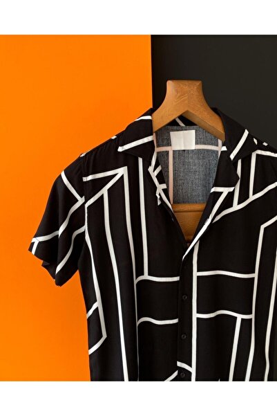 NO1 KONSEPT Λευκό ριγέ κοντό μανίκι Slim Fit Ανδρικό πουκάμισο Viscose Ύφασμα