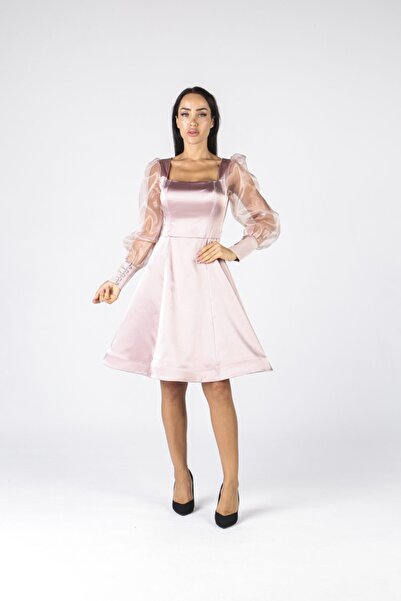 ALİS DRESS Transparan Kol Detaylı Pudra Saten Elbise