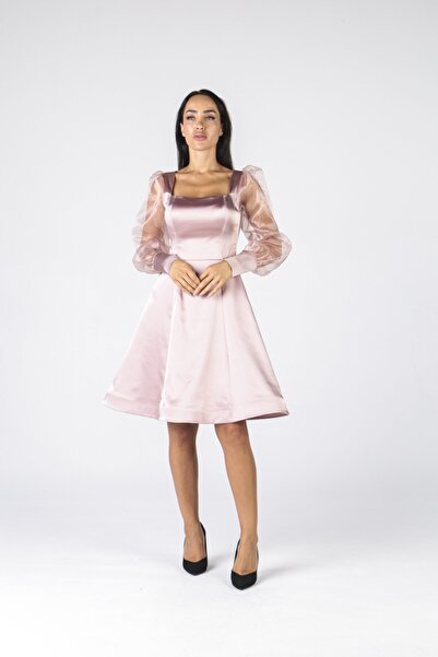 ALİS DRESS Transparan Kol Detaylı Pudra Saten Elbise