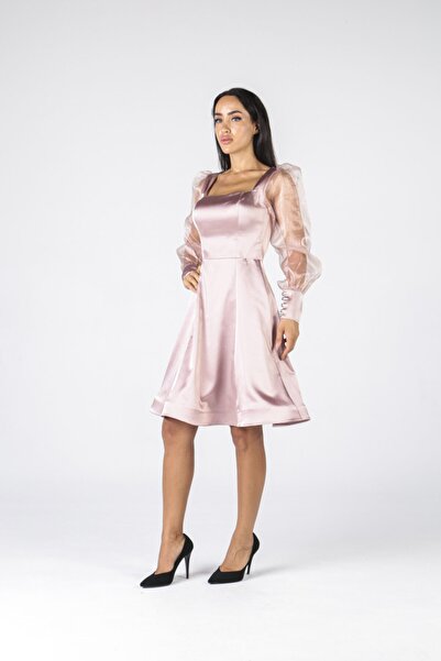 ALİS DRESS Transparan Kol Detaylı Pudra Saten Elbise