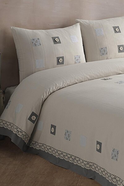 ÖDEL HOME Anthracite Patched Handcrafted Lace Double Pique Bedspread