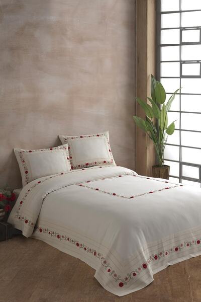 ÖDEL HOME Naturel Çiçek Desenli El Işi Işlemeli Çift Kişilik Yatak Örtüsü