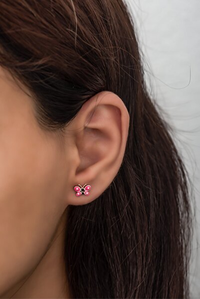 Nereze 925 Ayar Gümüş Minik Pembe Mineli Kelebek Küpe