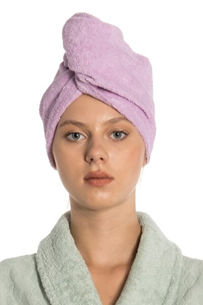 eumenia Lilac Colored Plain Eponj Towel - Buttoned Hair Drying Cap