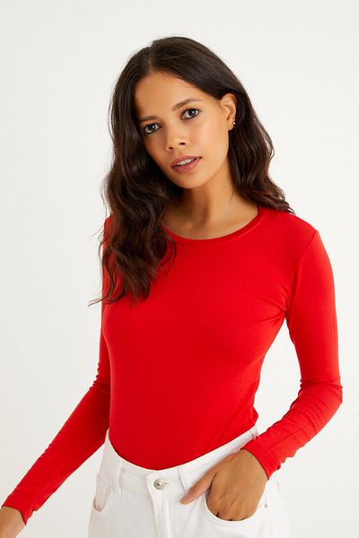 modavingo Women's Red Crew Neck Long Sleeve Badi