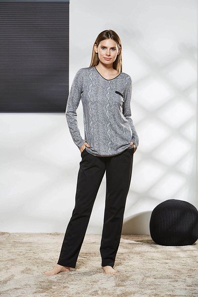PJS Set pijama gri pentru femei cu mânecă lungă