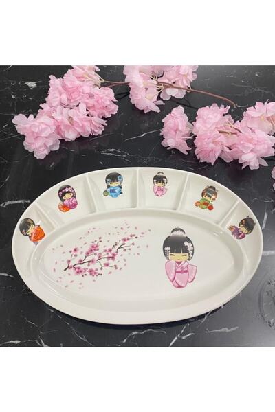7 Bölümlüm Kokeshi Bebek Desenli Porselen Kahvaltı Tabağı