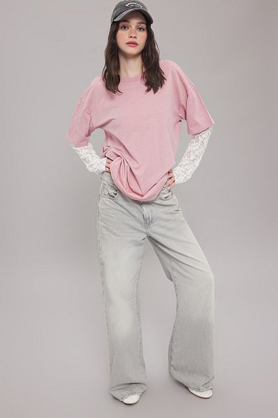 Trendyol Collection Tricou oversize roz cu detaliu din dantela - TWOAW25TS00022
