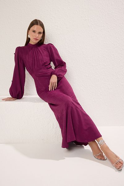 Trendyol Modest Szilva bordó virágos jacquard fogantyús gombos szőtt ruha TCTSS24EB00064