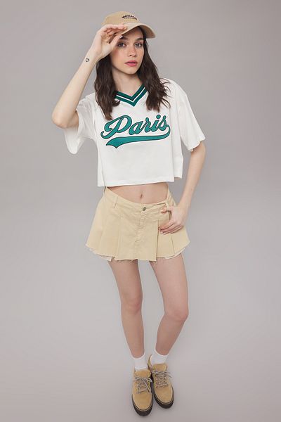 Trendyol Collection Ecru Crop Printed Knitted T-Shirt - 100% Cotton, Comfortable Fit Twoss25Ts00086