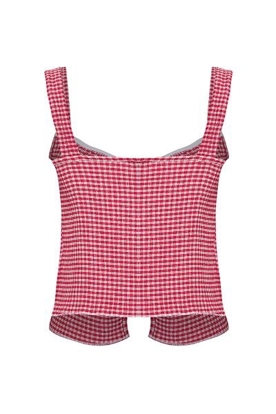 Trendyol Collection Rote Pöti-Bluse mit quadratischem Muster und Schnürung, detailliertes, dehnbares Strickmuster TWOSS25BZ00234