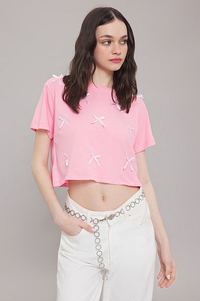 Trendyol Collection Tricou obișnuit 100% bumbac cu fundă roz - TWOSS25TS00087