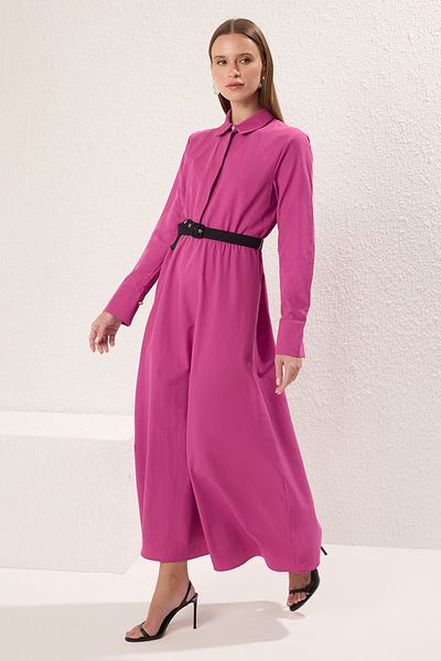 Trendyol Modest Rochie țesută cu centură fucsia TCTAW25EB00090