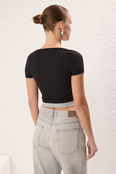 Trendyol Collection Stretchy Ribbed Black Knitted Blouse - Double Layer Detail, Body Wrap Twoss24Bz00102
