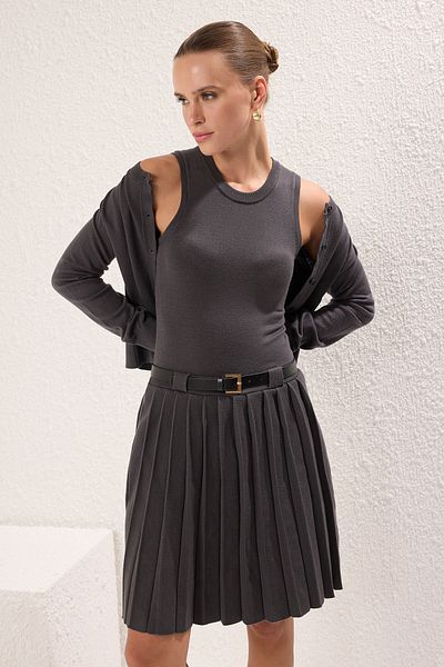 Trendyol Collection Anthracite Premium Pleated Knitwear Mini Dress with Belt Detail, Custom Yarn Twoss25El00334