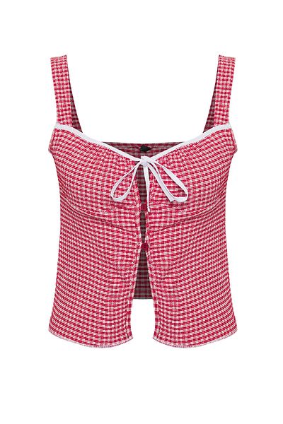 Trendyol Collection Rote Pöti-Bluse mit quadratischem Muster und Schnürung, detailliertes, dehnbares Strickmuster TWOSS25BZ00234