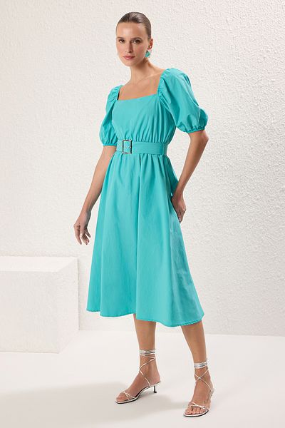 Trendyol Collection Petrol Straight Skirt Waist Opening Midi Woven Dress with Belt Twoss23El01123