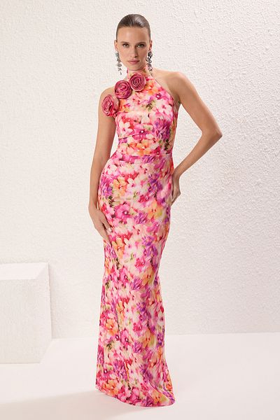 Trendyol Collection Mehrfarbiges, gerades, rosafarbenes, gewebtes Finike-Maxikleid mit Blumenmuster und Heimkehrkleid