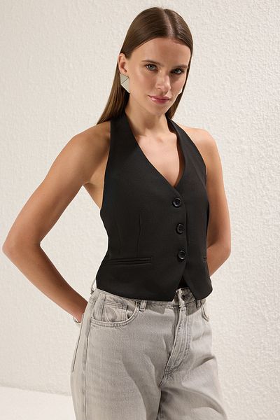 Trendyol Collection Black Regular Halter Collar Regular Vest Twoss25Ye00082
