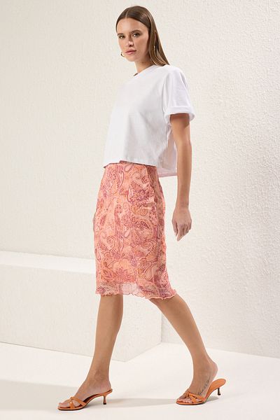 Trendyol Collection Ecrufarbener Midirock mit hoher Taille – gefütterter und bedruckter Tüll TWOSS23ET00206