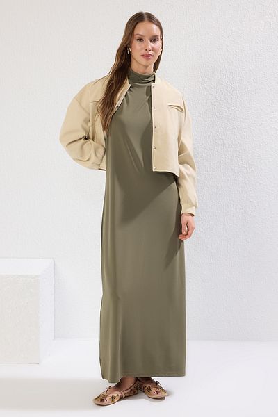 Trendyol Modest Πλεκτό φόρεμα κατάδυσης με όρθιο γιακά Χακί - Αμάνικο με φόδρα κατάδυσης, TCTSS24EB00230