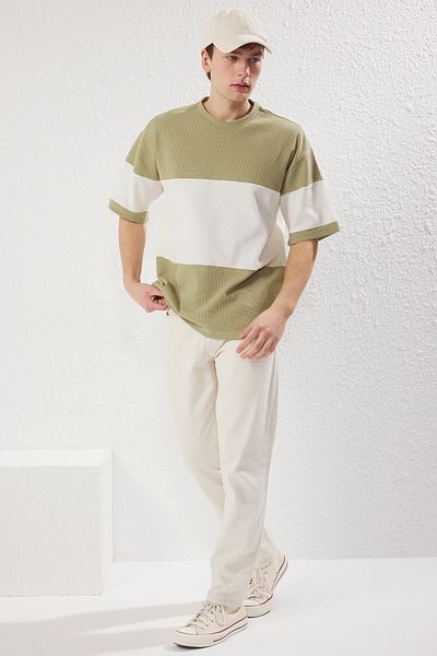Trendyol Collection Menta túlméretezett/széles szabású színes blokk texturált 100% pamut póló TMNSS25TS00065
