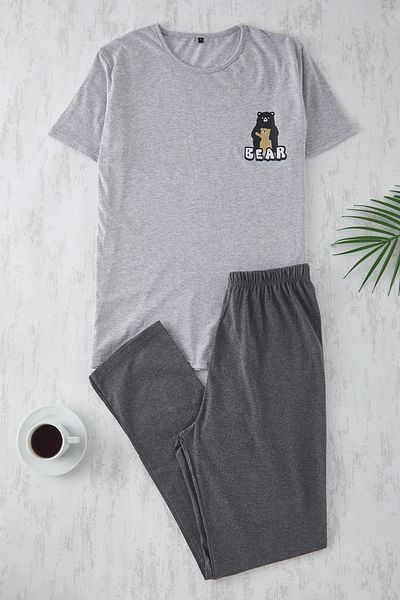 Edit by Trendyol Bedrucktes graues Strick-Pyjama-Set mit normaler Passform – Anthrazit TMNSS25PT00043