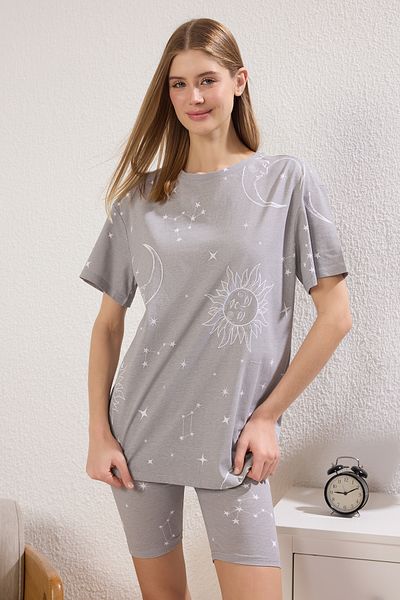 Trendyol Collection Színes szürke 100% pamut sima egyszínű mez rövidnadrág pizsama szett - THMSS20PT0397