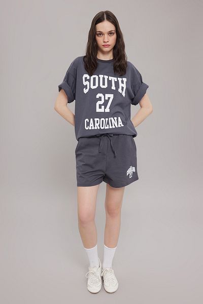 Trendyol Collection Anthracite Slogan 100% Cotton Wide Cut Shorts Set - Twoss25Au00039