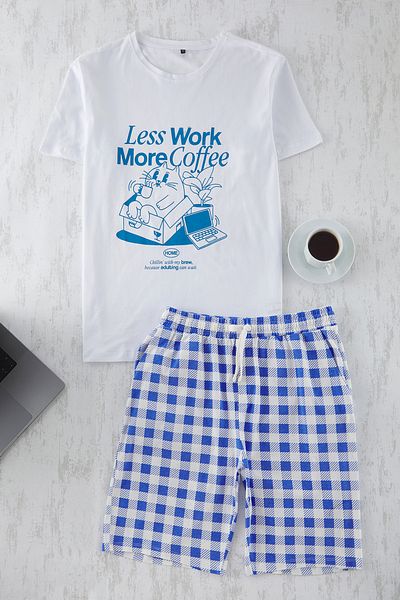 Trendyol Collection Ecru-blaues, doppelt gestricktes Pyjama-Set mit Shorts in normaler Passform TMNSS25PT00059