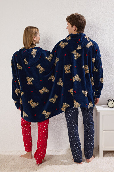 Trendyol Collection Unisex Ζευγάρι/Ζευγάρι Πλεκτό Παντελόνι Χειμερινό Πλεκτό Φόρεμα Wellsoft με Μπλε Ναυτικό-Πολύχρωμο Αρκουδάκι και Καρδιά THMAW25SB00014