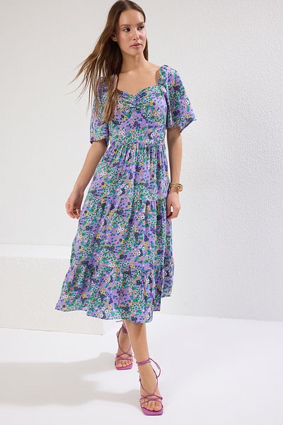 Trendyol Collection Rochie midi țesută cu linie A, mâneci balon și imprimeu floral mov TWOSS20EL2323