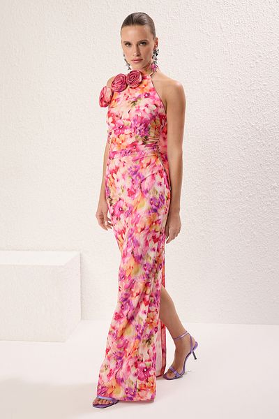Trendyol Collection Mehrfarbiges, gerades, rosafarbenes, gewebtes Finike-Maxikleid mit Blumenmuster und Heimkehrkleid
