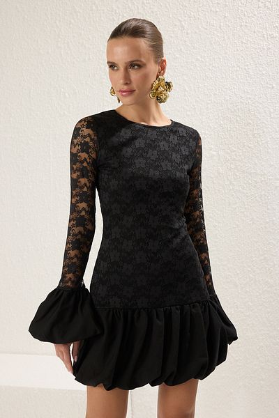 Trendyol Collection Μαύρη ίσια φούστα μέση φούστα φούστα πλεκτή δαντέλα μίνι φόδρα Κομψό/βραδινό φόρεμα