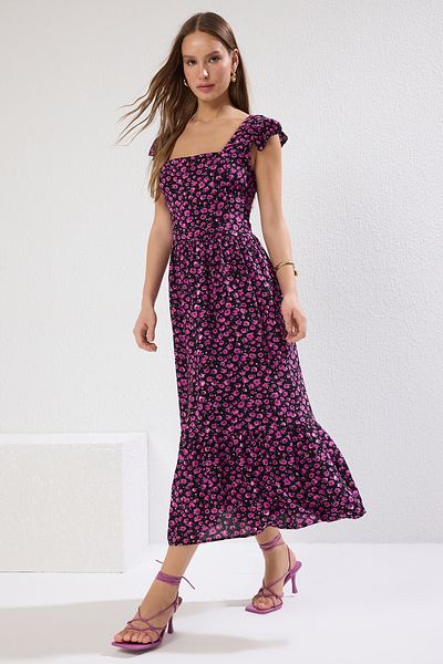 Trendyol Collection Mehrfarbiges A-Linien-Midikleid aus Viskosegewebe mit quadratischem Ausschnitt und Blumendruck TWOSS20EL3331