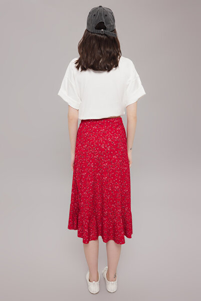 Trendyol Collection Bordó nyomott magas derekú rugalmas szoknya összegyűjtött részletekkel és hullámmal TWOSS21ET0029