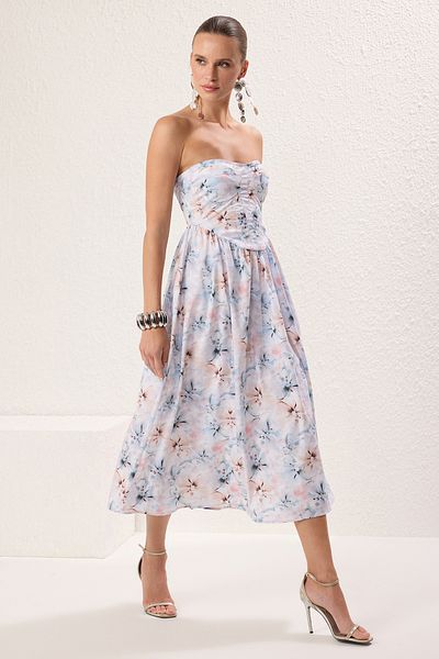 Trendyol Collection Fashionable/Evening Dress with Multicolor Floral Woven Poplin Midi Lining