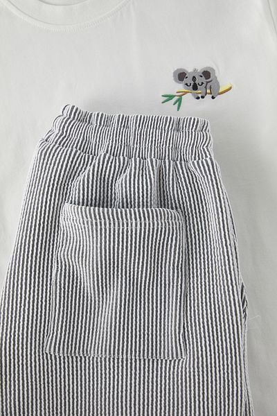 Trendyol Collection Комплект плетена унисекс пижама Ecru Koala с бродирани райета - черна стандартна кройка TMNSS25PT00007