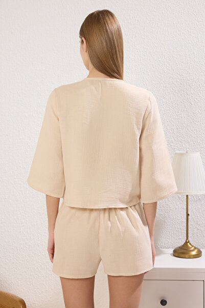 Trendyol Collection 100% Cotton Ecru muslin Pajama Set - with Lacing/ribbon/bow Detail THMSS24PT00077