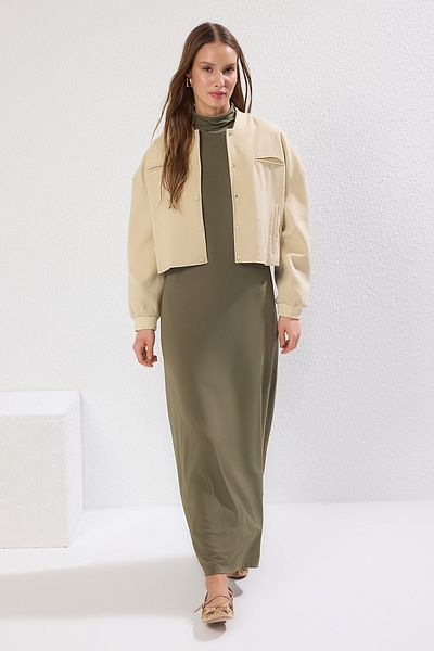 Trendyol Modest Πλεκτό φόρεμα κατάδυσης με όρθιο γιακά Χακί - Αμάνικο με φόδρα κατάδυσης, TCTSS24EB00230